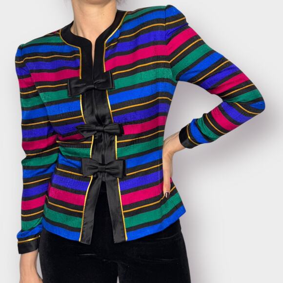 Vintage 80s Adrianna Papell Striped Blazer‎ with Bows - Picture 3 of 9